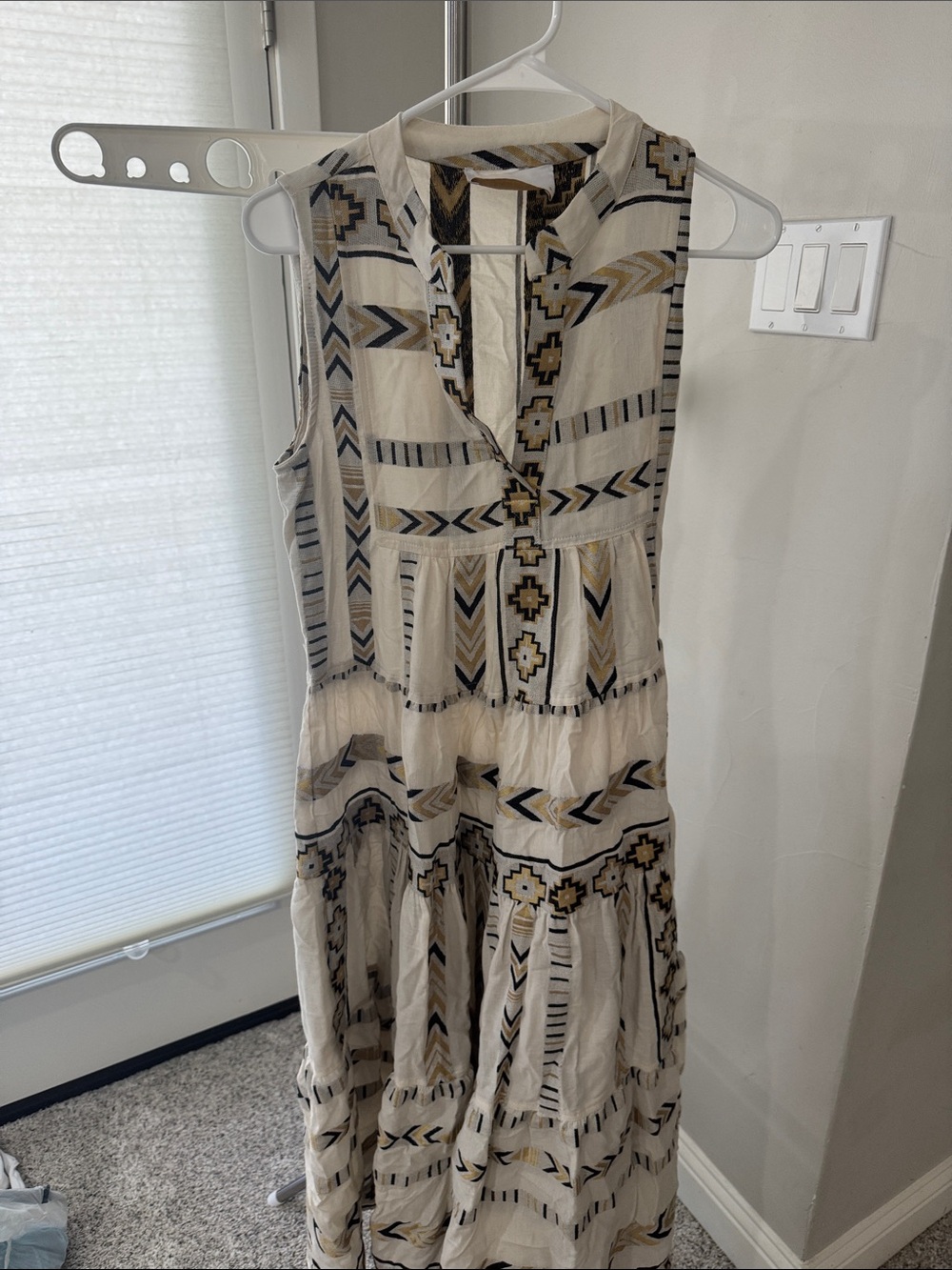 Sleeveless Cream Maxi Dress with Black and Tan Geo Embroidery